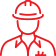 Czerwona ikona przedstawiająca pracownika budowlanego w kasku.