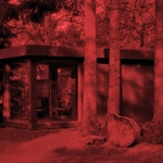 Przyciemniony na czerwono obraz nowoczesnej, szklanej chaty położonej wśród wysokich drzew w lesie, tworząc kontrastową i surrealistyczną atmosferę.